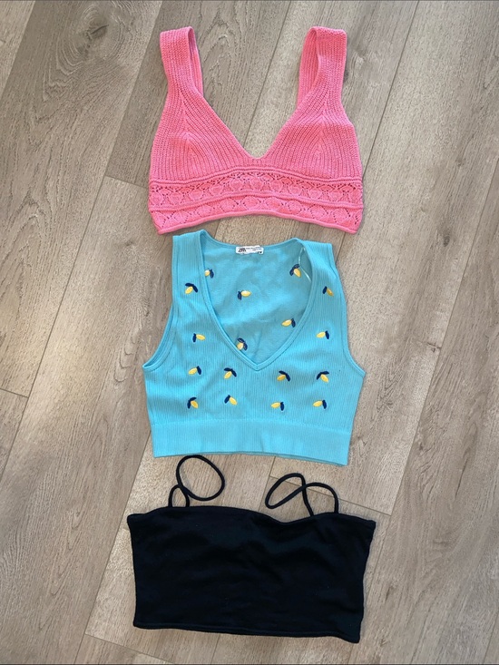 Zara Tops - 🌞3️⃣ Crop Top Tank Bundle (M) Pink Knit, Aqua Embroidered Lemons, +Black Aritzia
